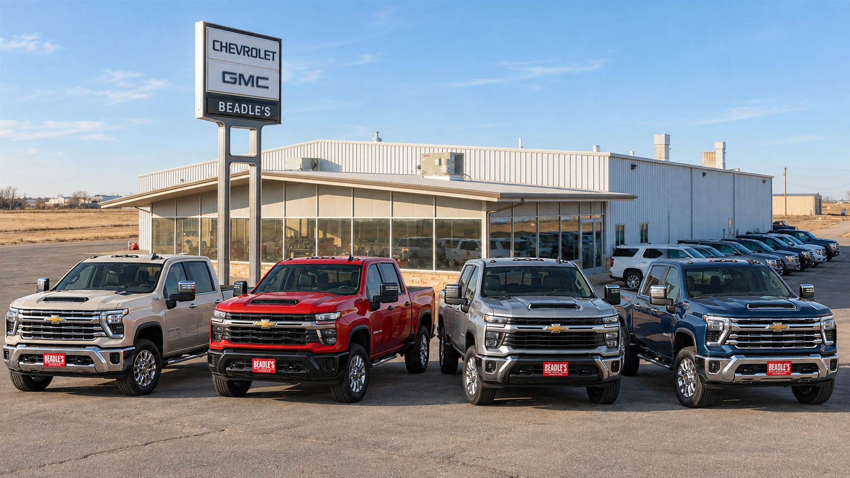Four 2026 Chevrolet Silverado 2500 HD trucks in White Sands, Red Hot, Sterling Gray Metallic and Lakeshore Blue Metallic on the front row at Beadle Chevrolet GMC