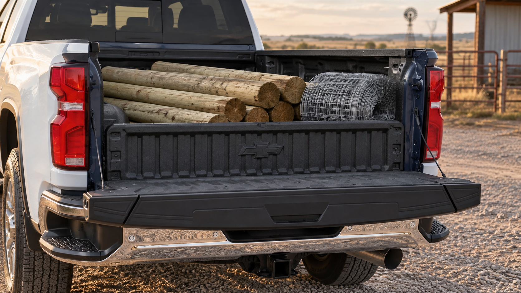 Open Multi-Flex tailgate on a 2026 Chevrolet Silverado 2500 HD in Summit White with the inner gate folded up as a load stop against fence posts and a roll of wire