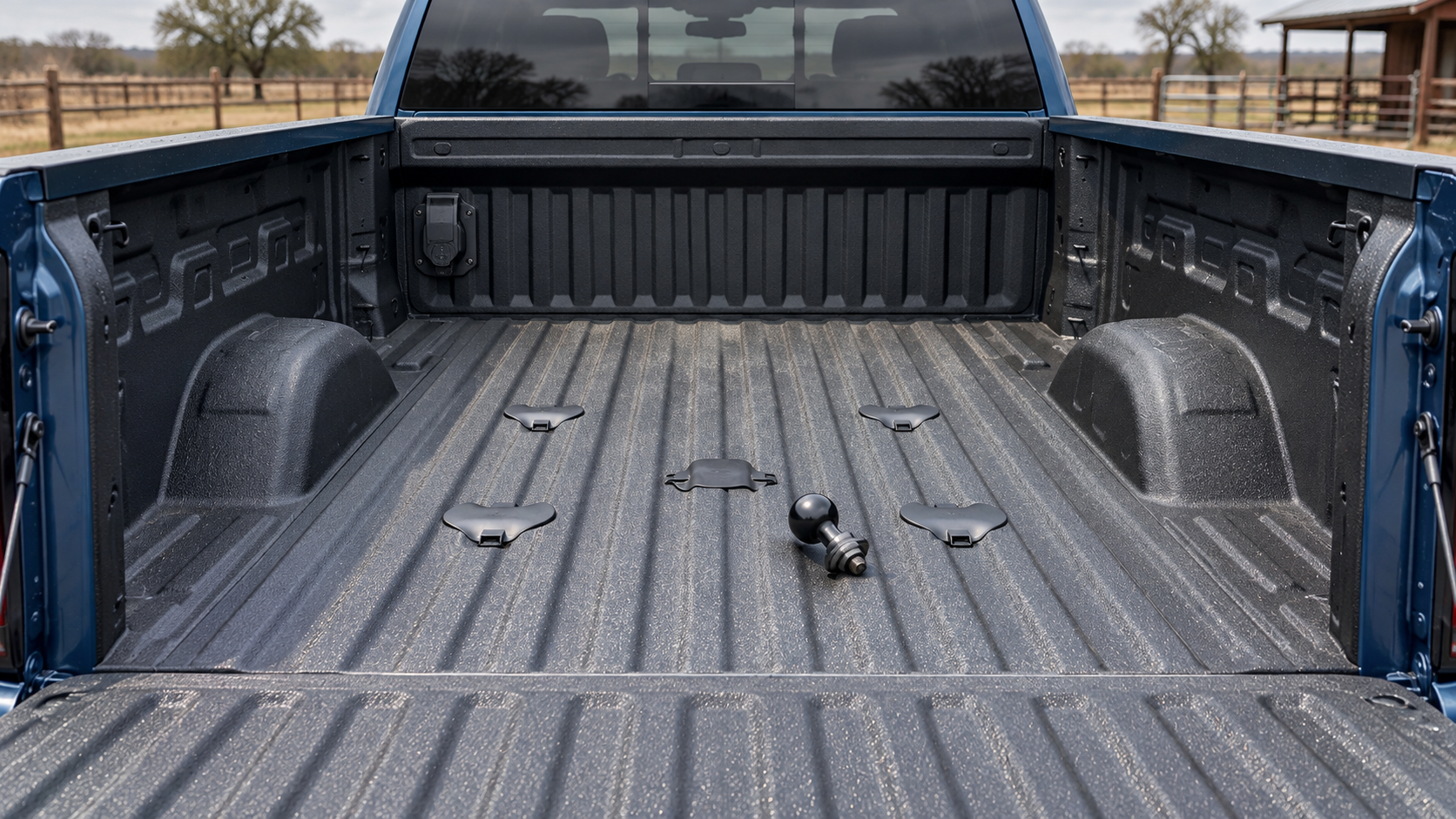 Bed of a 2026 Chevrolet Silverado 2500 HD in Lakeshore Blue Metallic showing the factory gooseneck ball opening, four fifth-wheel mounting hole caps and the spray-on bedliner