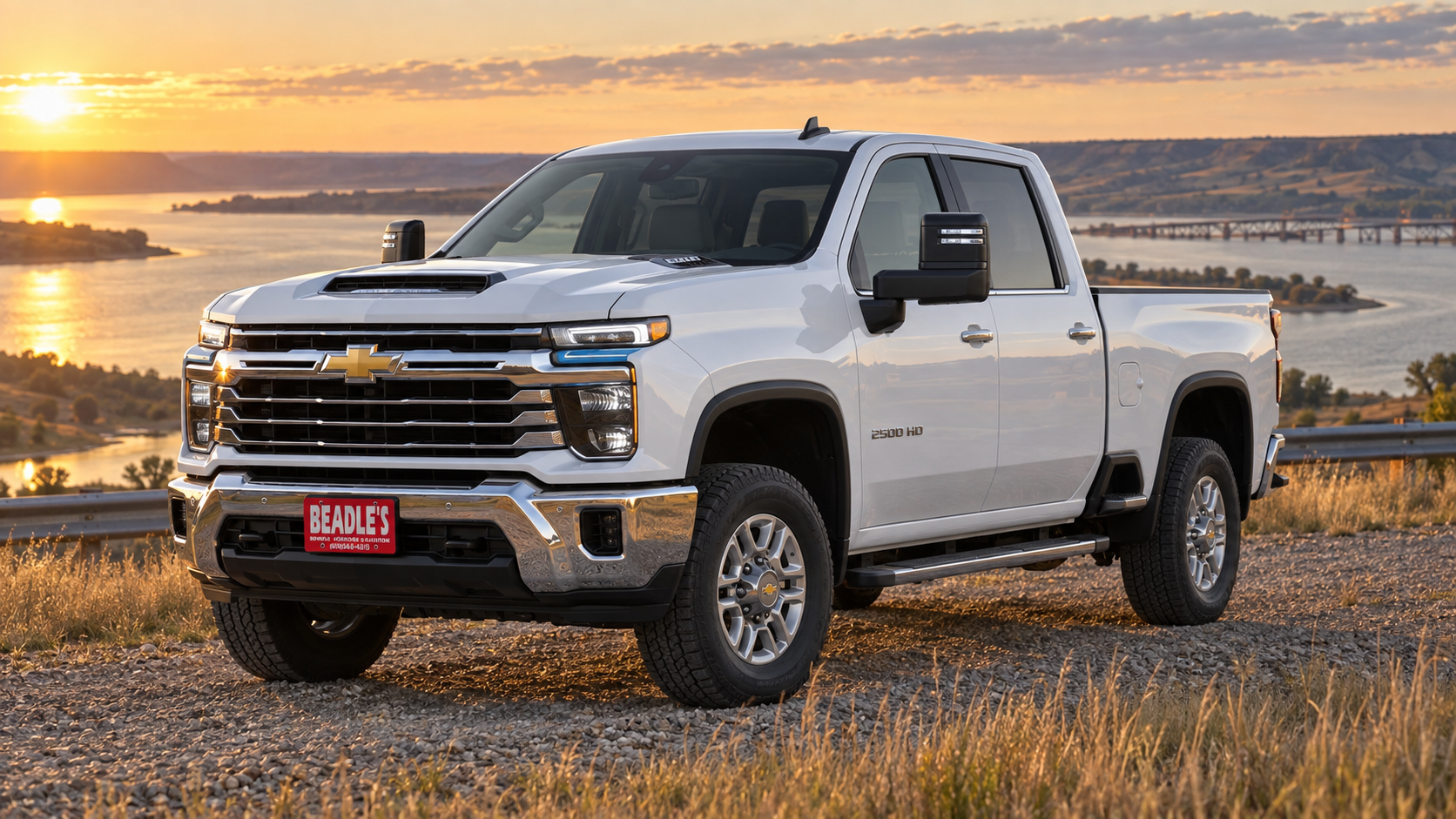 Chevrolet Silverado 2500 HD LT in Summit White above the Missouri River near Mobridge, South Dakota