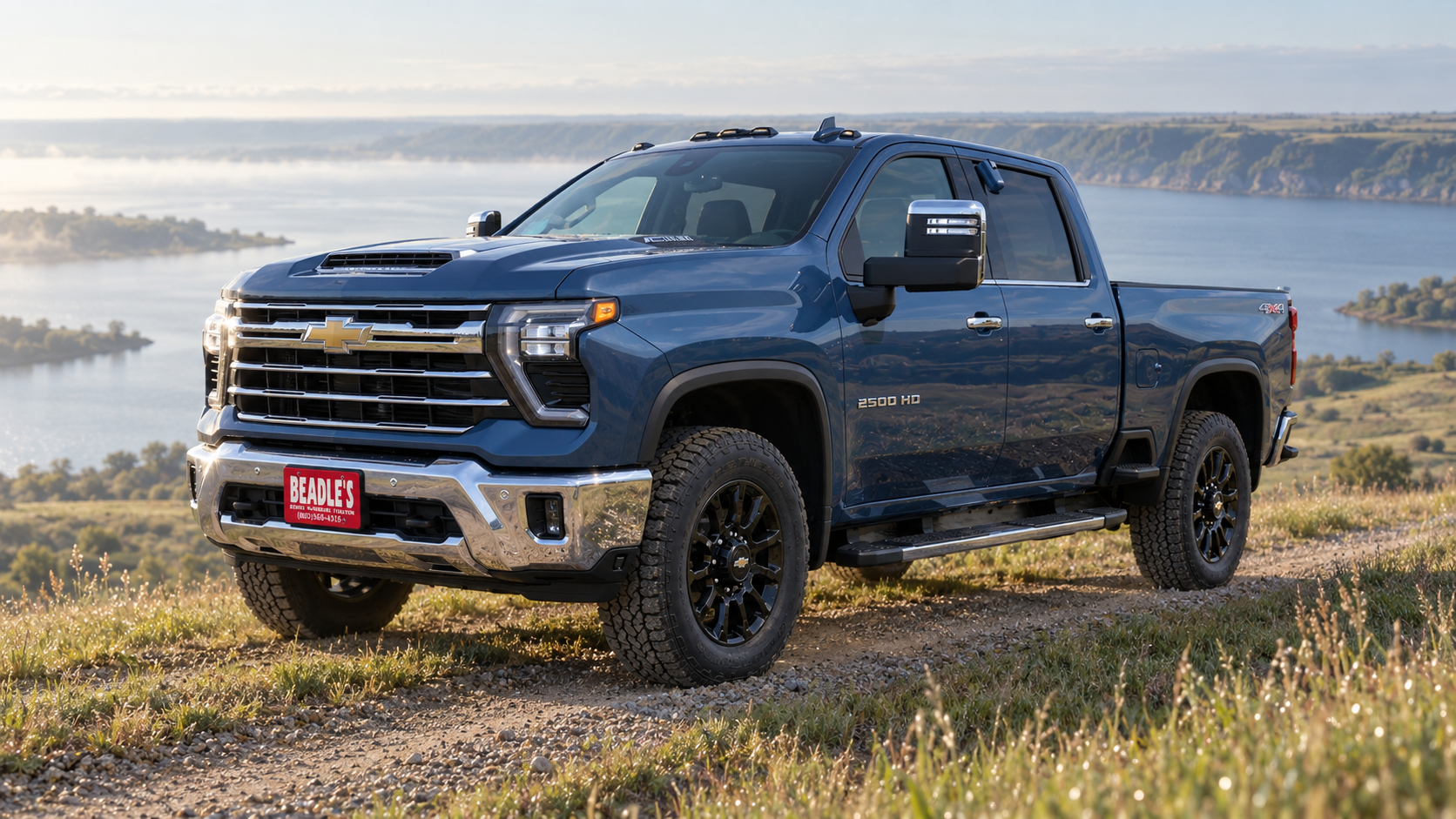 Chevrolet Silverado 2500 HD LTZ in Lakeshore Blue Metallic on a gravel two-track above Lake Oahe near Mobridge, South Dakota