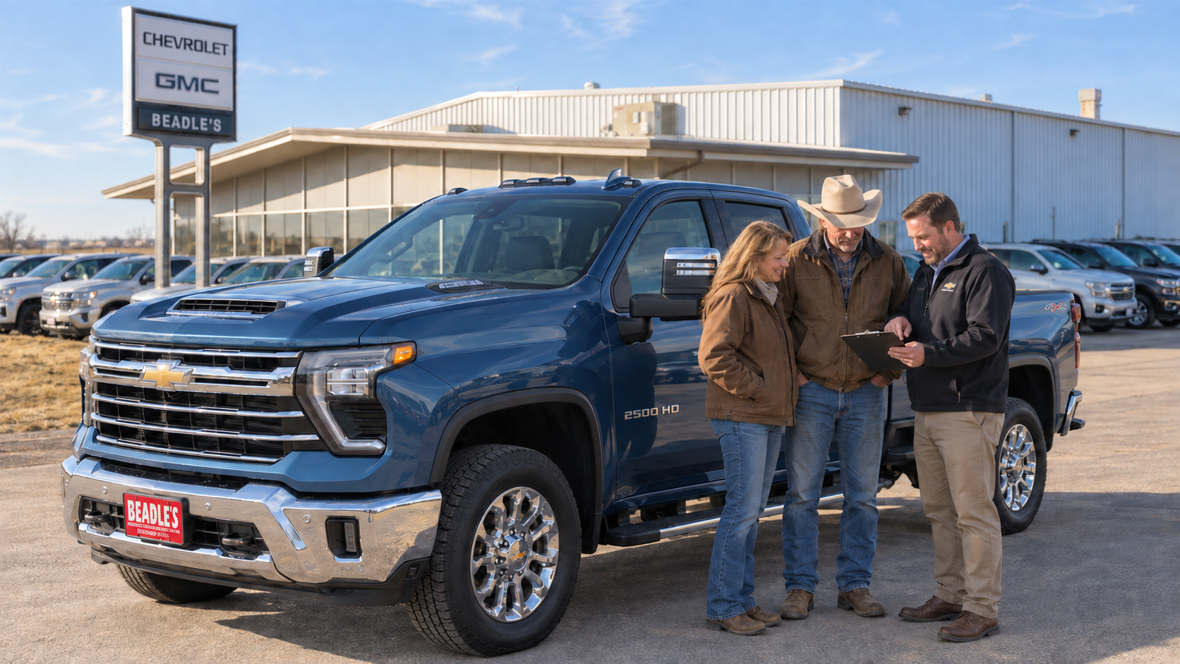 A ranch couple and a salesperson looking at an order sheet beside a Chevrolet Silverado 2500 HD LTZ at Beadle Chevrolet GMC
