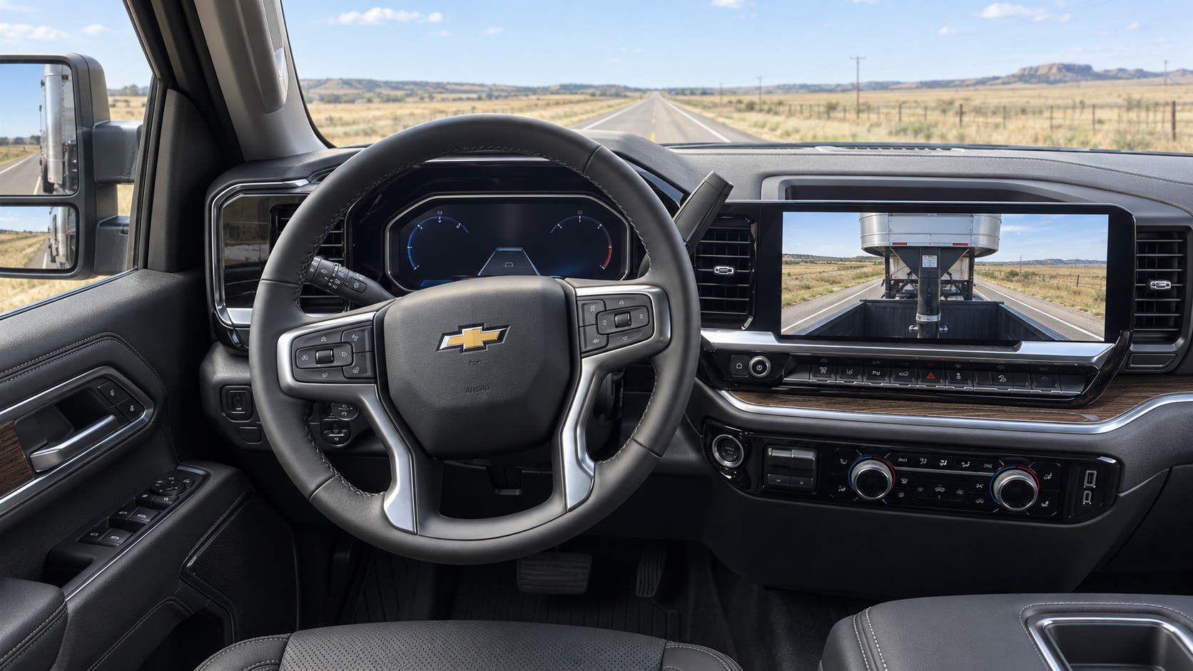 Interior of a 2026 Chevrolet Silverado 2500 HD LTZ showing the 13.4-inch centre screen with a trailering camera view and the 12.3-inch driver cluster