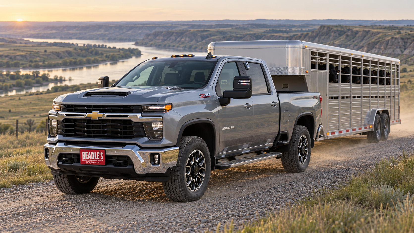 Chevrolet Silverado 2500 HD LT pulling a gooseneck stock trailer in the Missouri River breaks near Mobridge, South Dakota