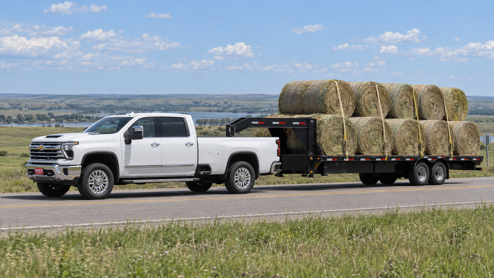 2026 Chevrolet Silverado 2500 HD with the eight-foot long box pulling a gooseneck flatbed of round bales on US Highway 12 west of Mobridge