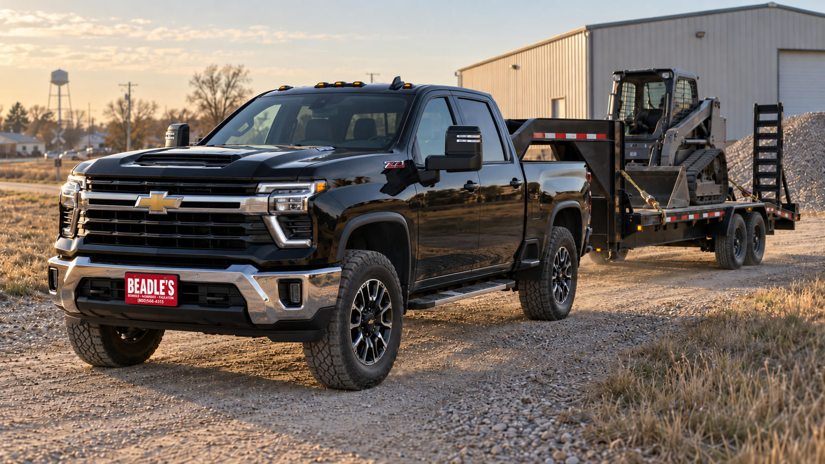 Black Chevrolet Silverado 2500 HD LT with the Z71 package pulling a gooseneck equipment trailer loaded with a track loader