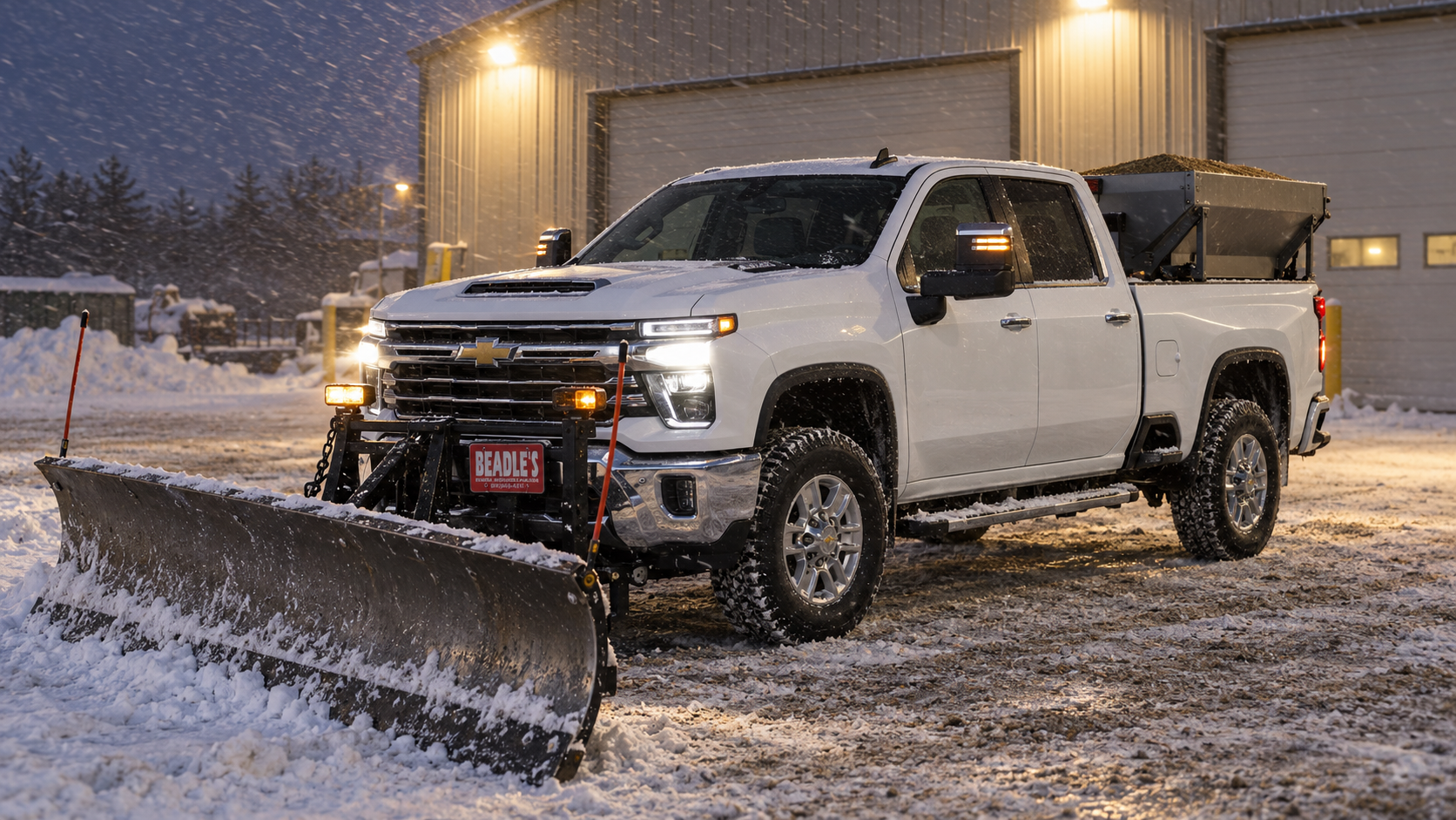 Chevrolet Silverado 2500 HD Work Truck with a snow plow and a sander in the bed at a county shop before dawn