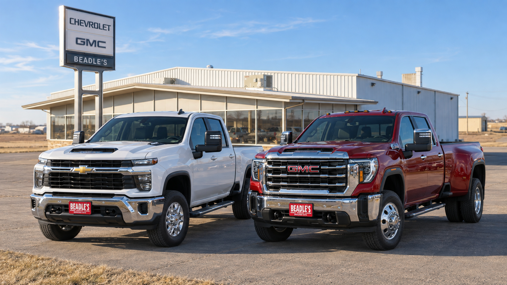 A Chevrolet Silverado 3500 HD single rear wheel beside a GMC Sierra 3500 HD dually on the front row at Beadle Chevrolet GMC in Mobridge