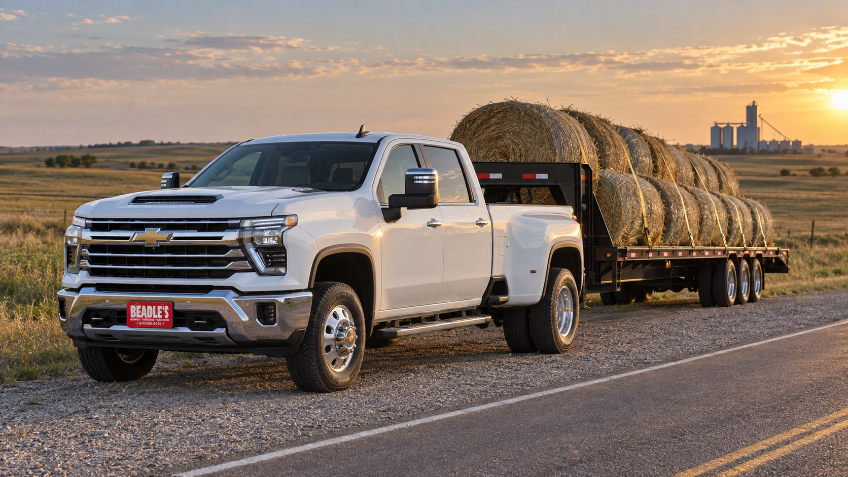 Chevrolet Silverado 3500 HD dually in Summit White with a gooseneck flatbed of round bales on a South Dakota highway shoulder at sunset