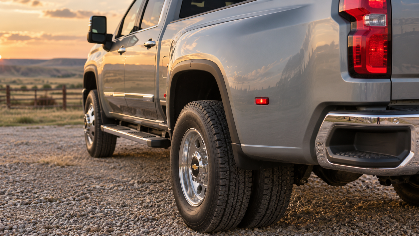 Rear quarter of a Chevrolet Silverado 3500 HD dually in Sterling Gray Metallic showing the flared fender and polished forged dually wheels