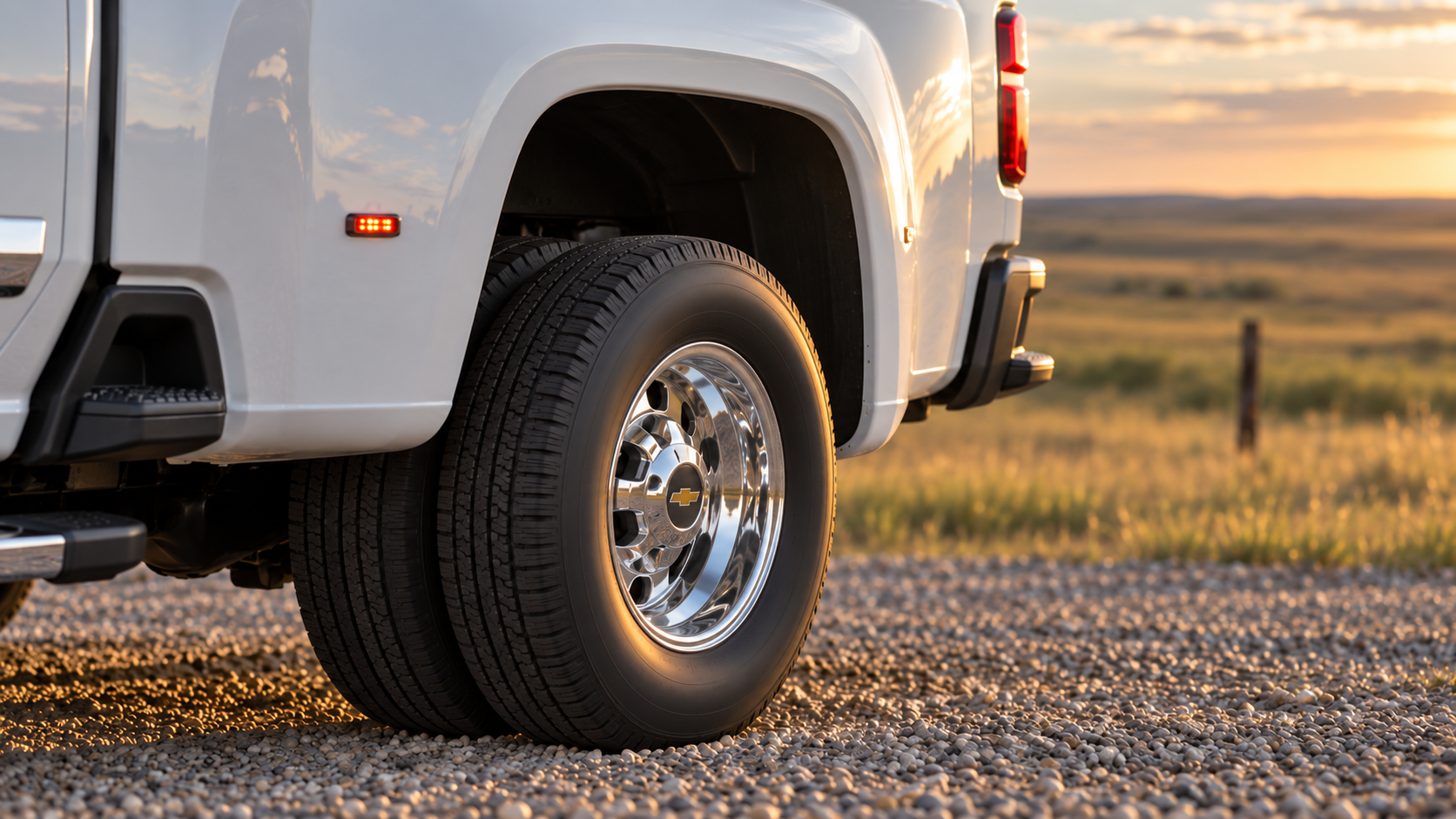 Close-up of the rear dual wheels on a Chevrolet Silverado 3500 HD dually in Summit White, showing polished forged wheels with chrome center caps