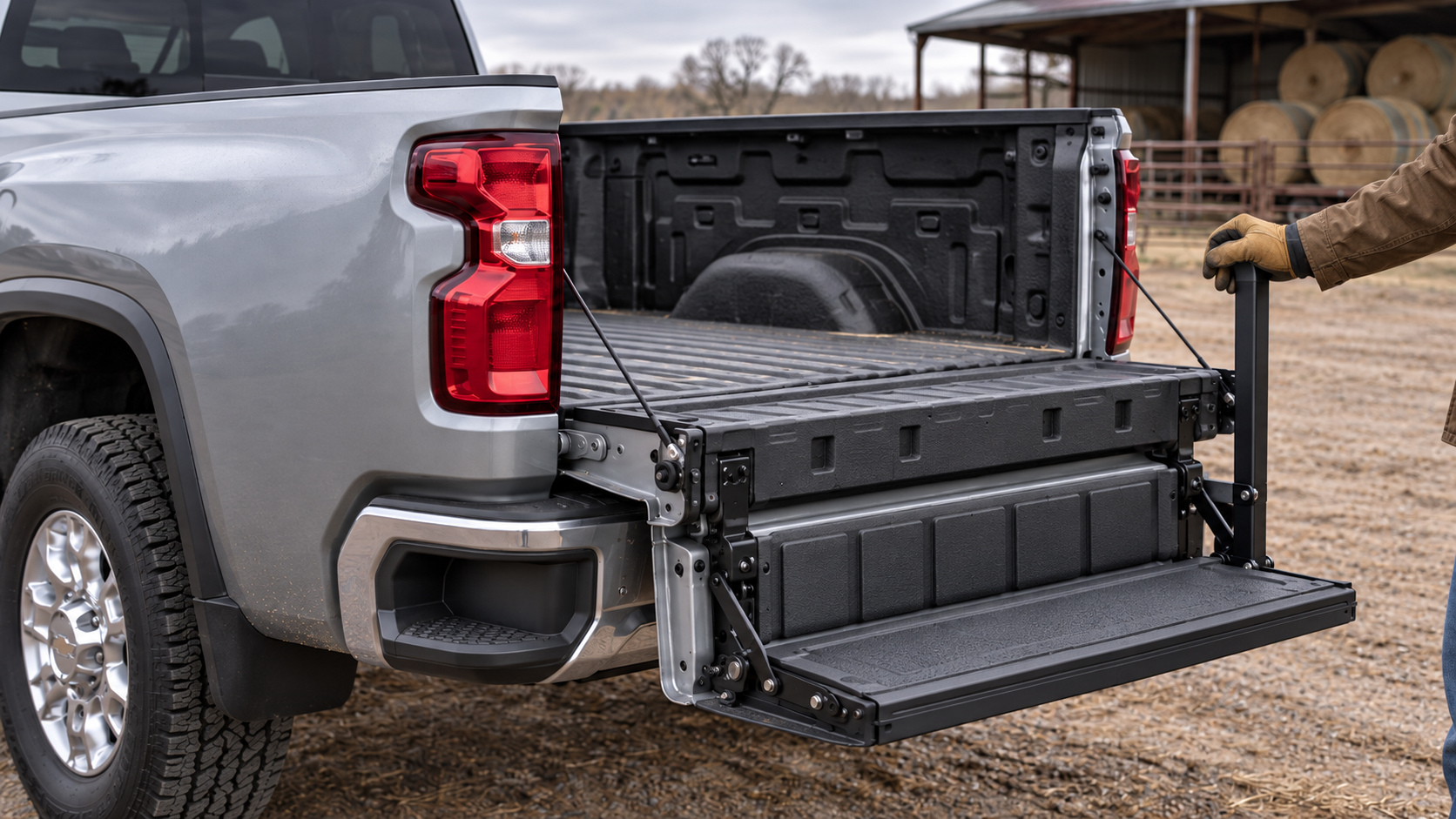Multi-Flex tailgate on a Chevrolet Silverado 3500 HD LT in Sterling Gray Metallic, inner gate folded down as a step with a gloved hand on the grab handle