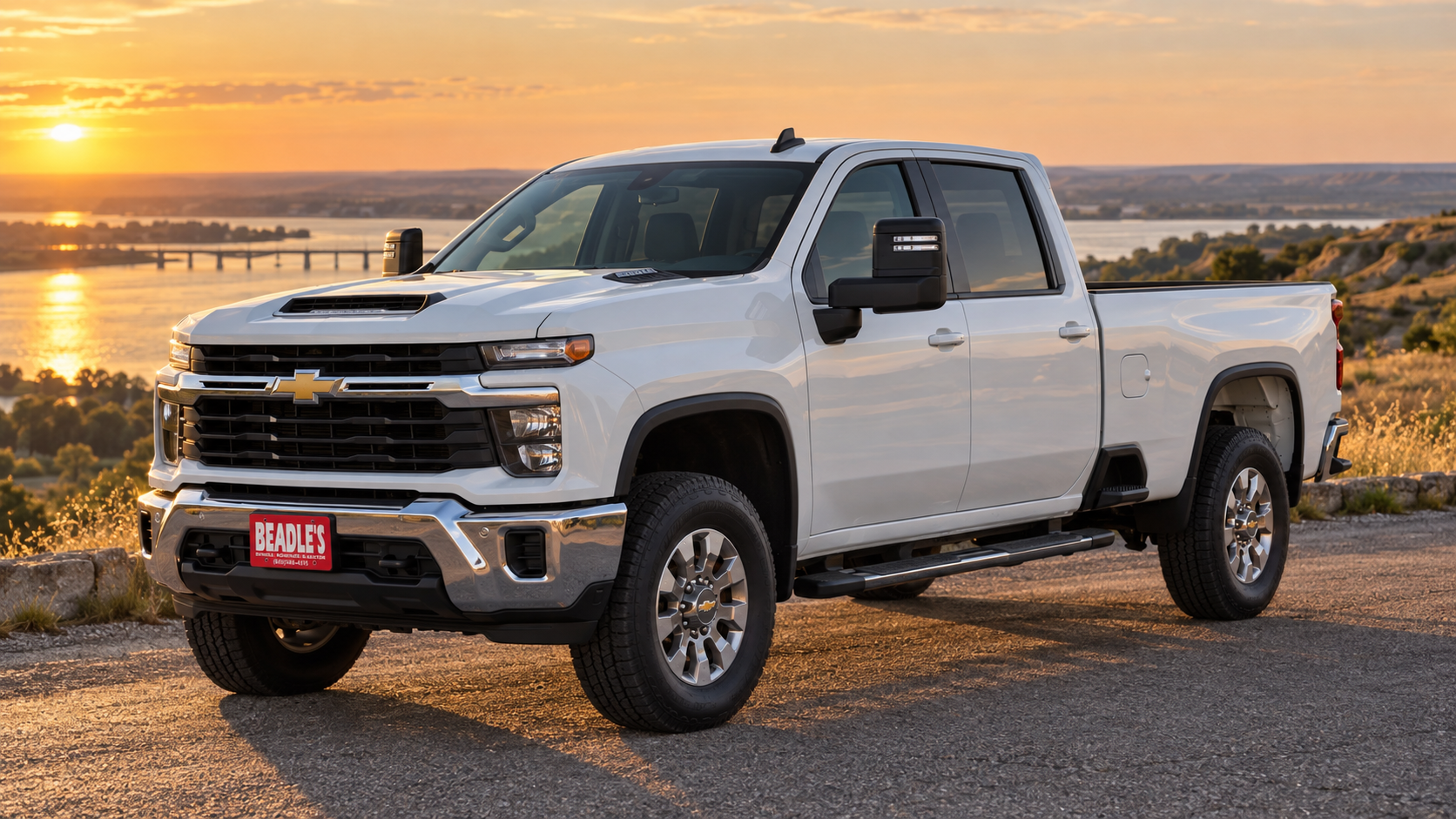Chevrolet Silverado 3500 HD LT single rear wheel long bed in Summit White above the Missouri River near Mobridge, South Dakota