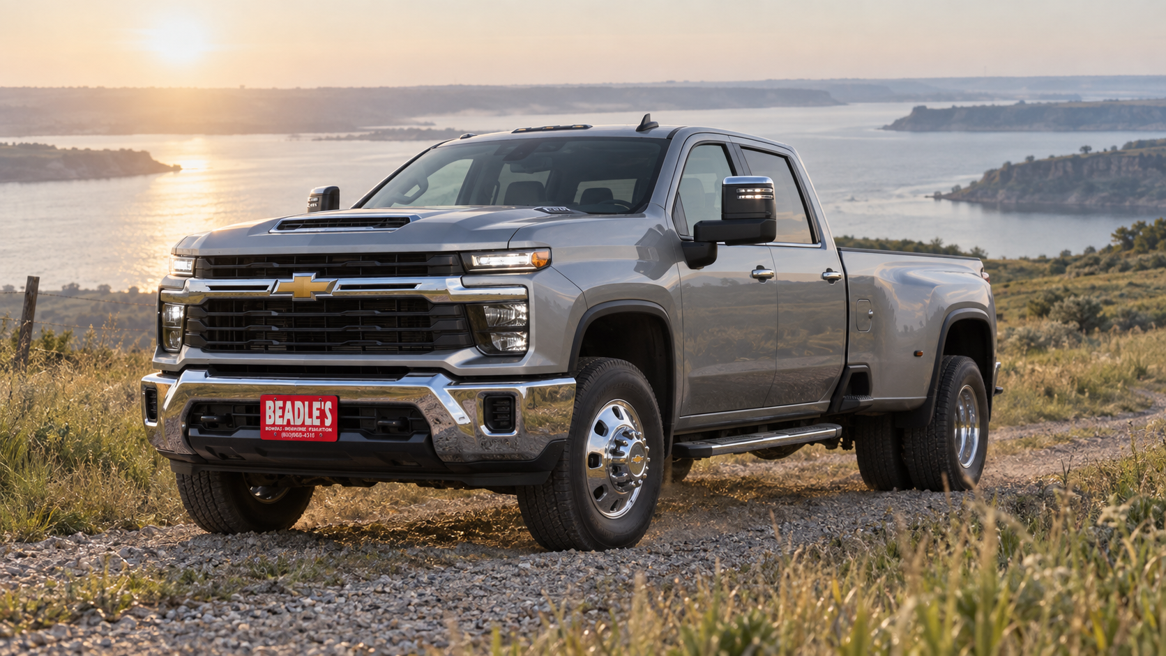 Chevrolet Silverado 3500 HD dually in Sterling Gray Metallic climbing a gravel two-track above Lake Oahe
