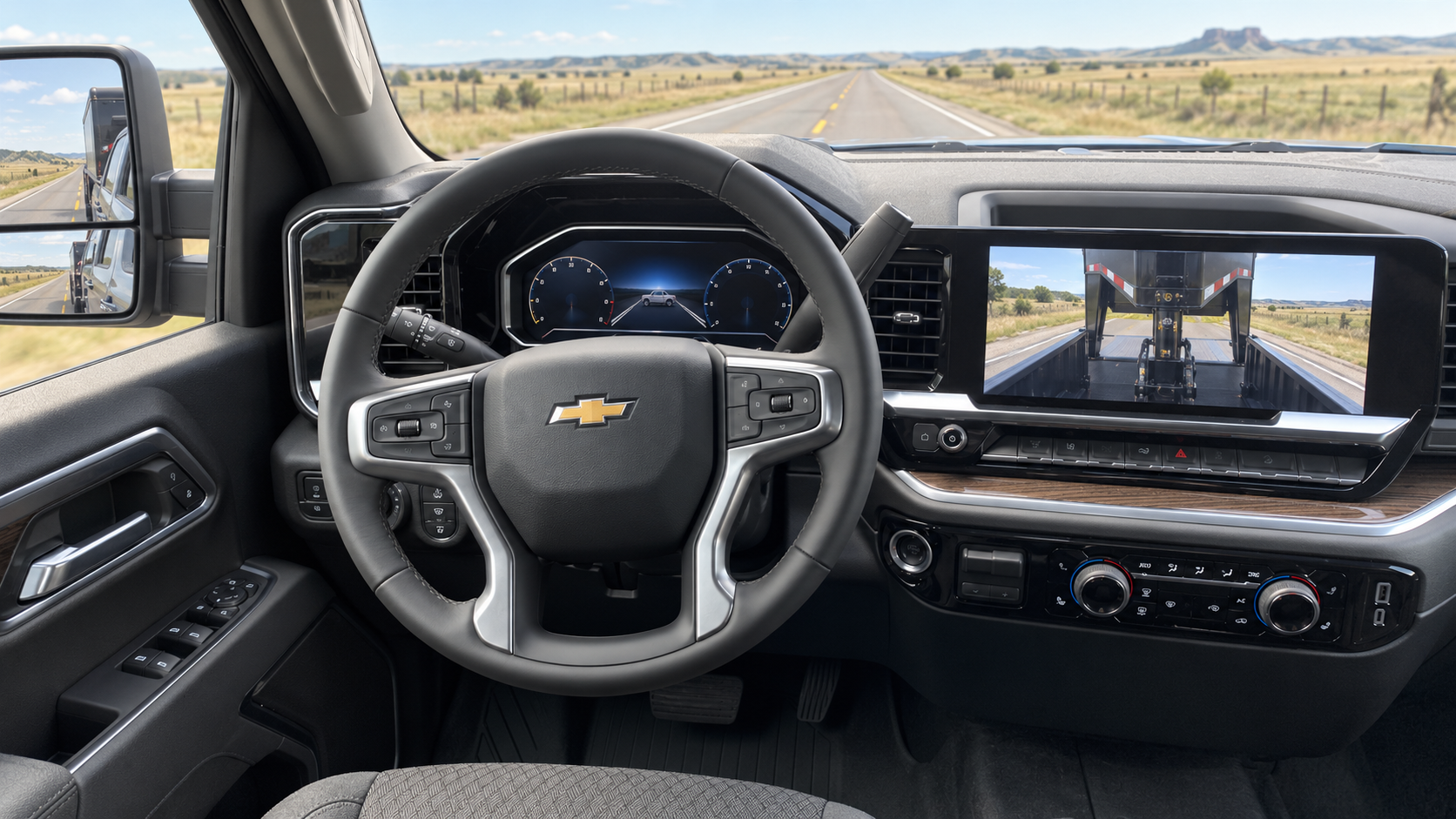 Interior of a Chevrolet Silverado 3500 HD LT showing the 13.4-inch centre screen with a bed camera view of a gooseneck hitch and the 12.3-inch driver cluster