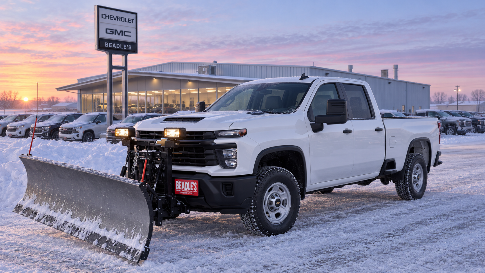 Chevrolet Silverado 3500 HD Work Truck in Summit White with a snow plow on the lot at Beadle Chevrolet GMC at dawn after a fresh snowfall