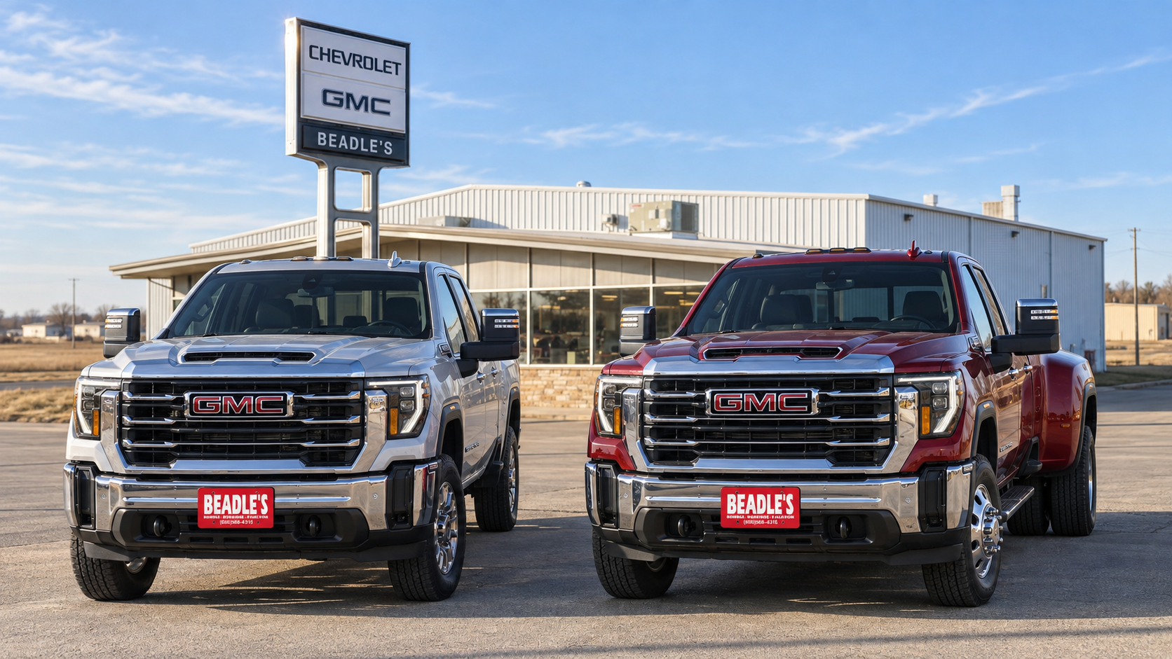 GMC Sierra 2500 HD beside a Sierra 3500 HD dually at Beadle Chevrolet GMC in Mobridge
