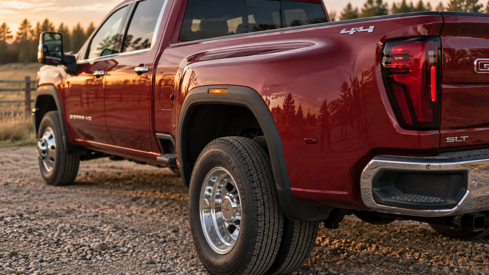 Rear three-quarter close-up of the dually fenders and dual rear wheels on a 2026 GMC Sierra 3500 HD SLT near Mobridge, South Dakota