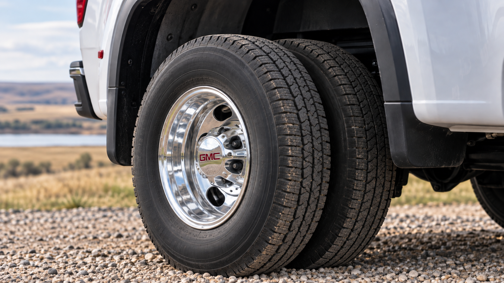 Close-up of the 18-inch polished forged dually wheels and LT235/80R18 tires on a 2026 GMC Sierra 3500 HD near Mobridge, South Dakota
