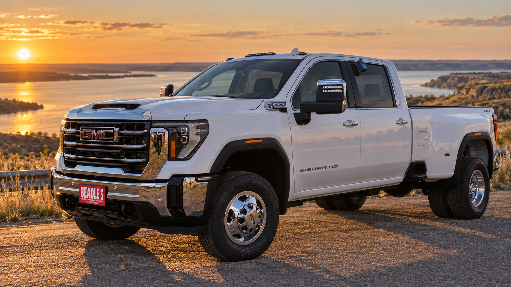 2026 GMC Sierra 3500 HD SLT dually in Summit White above the Missouri River near Mobridge, South Dakota