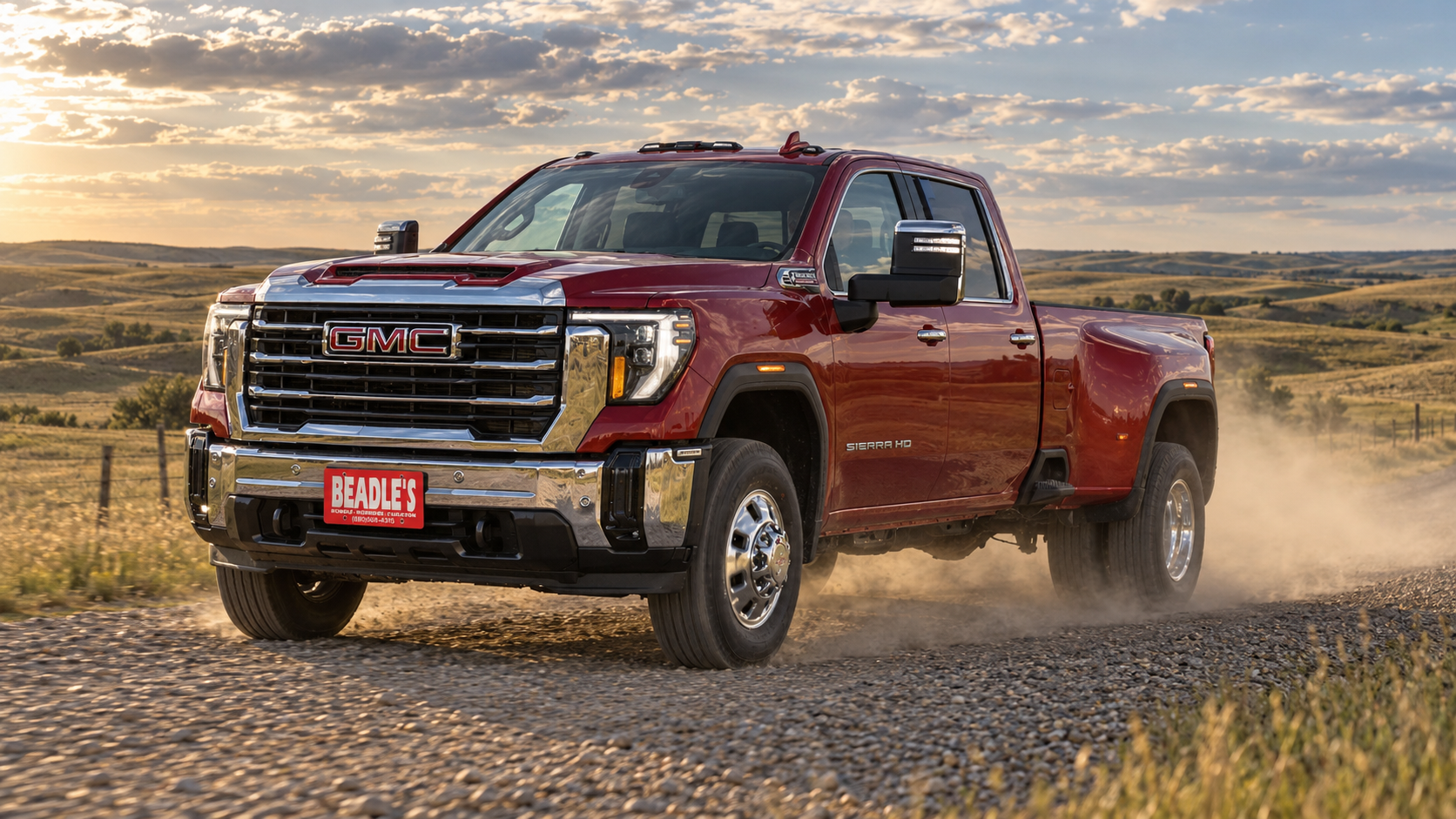 2026 GMC Sierra 3500 HD SLT dually on a gravel road near Mobridge, South Dakota