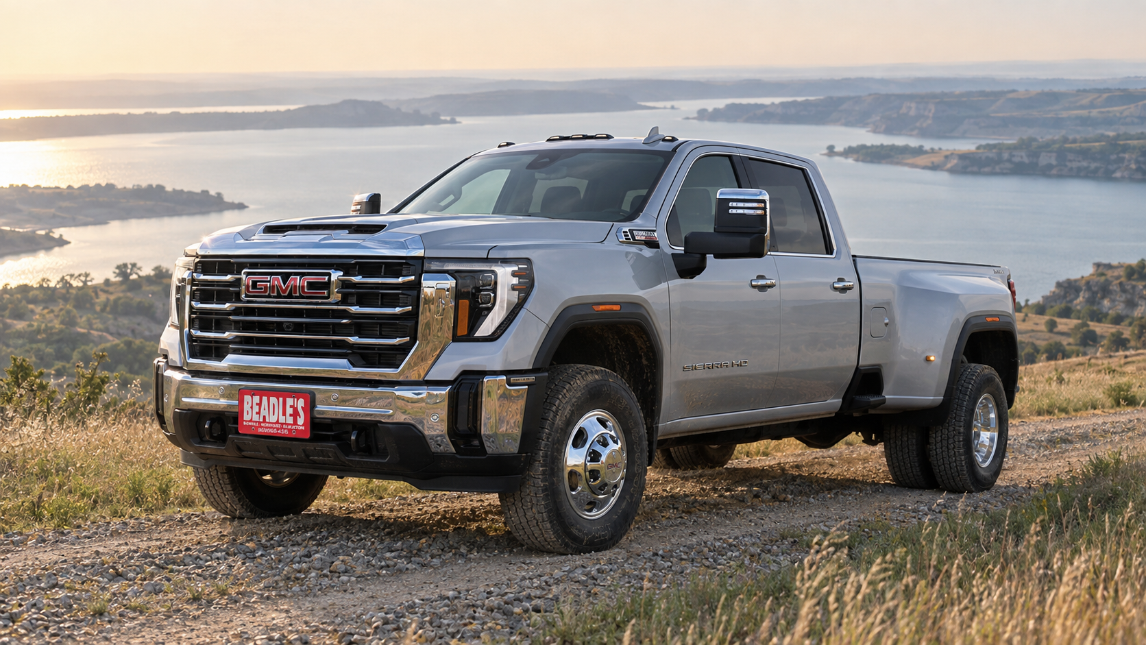 2027 GMC Sierra 3500 HD SLT dually above Lake Oahe near Mobridge, South Dakota