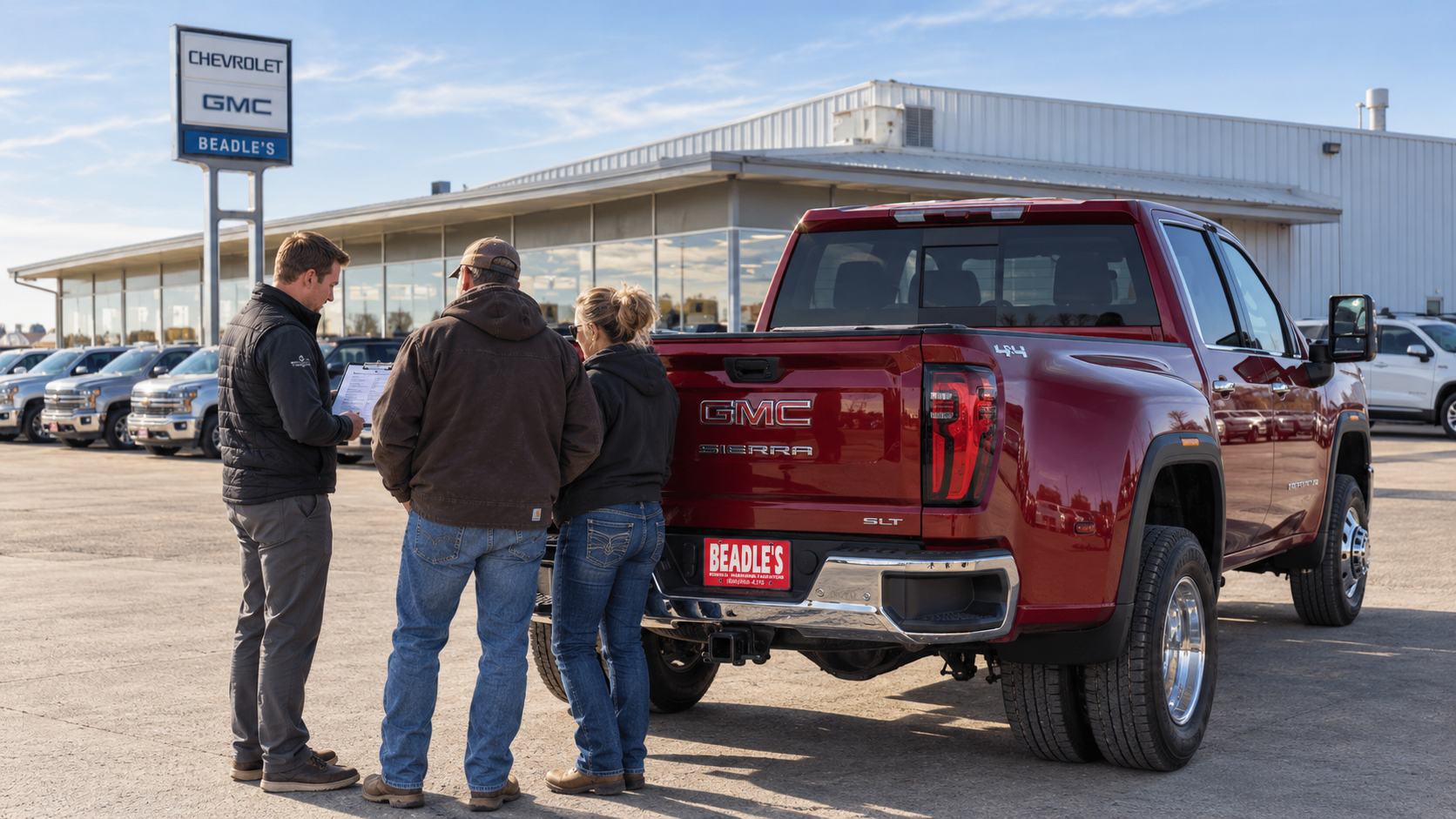 Ranch couple at the tailgate of a GMC Sierra 3500 HD dually at Beadle Chevrolet GMC in Mobridge