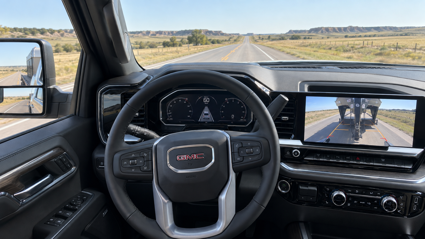 Driver view inside a 2026 GMC Sierra 3500 HD SLT with the trailering camera on the 13.4-inch screen on a South Dakota highway near Mobridge