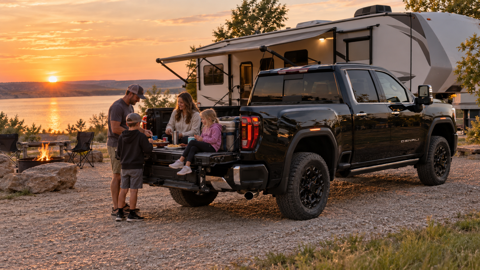 Family at the open MultiPro tailgate of an Onyx Black 2026 GMC Sierra 3500 HD Denali with a fifth-wheel set up at a Lake Oahe campsite at sunset near Mobridge, South Dakota