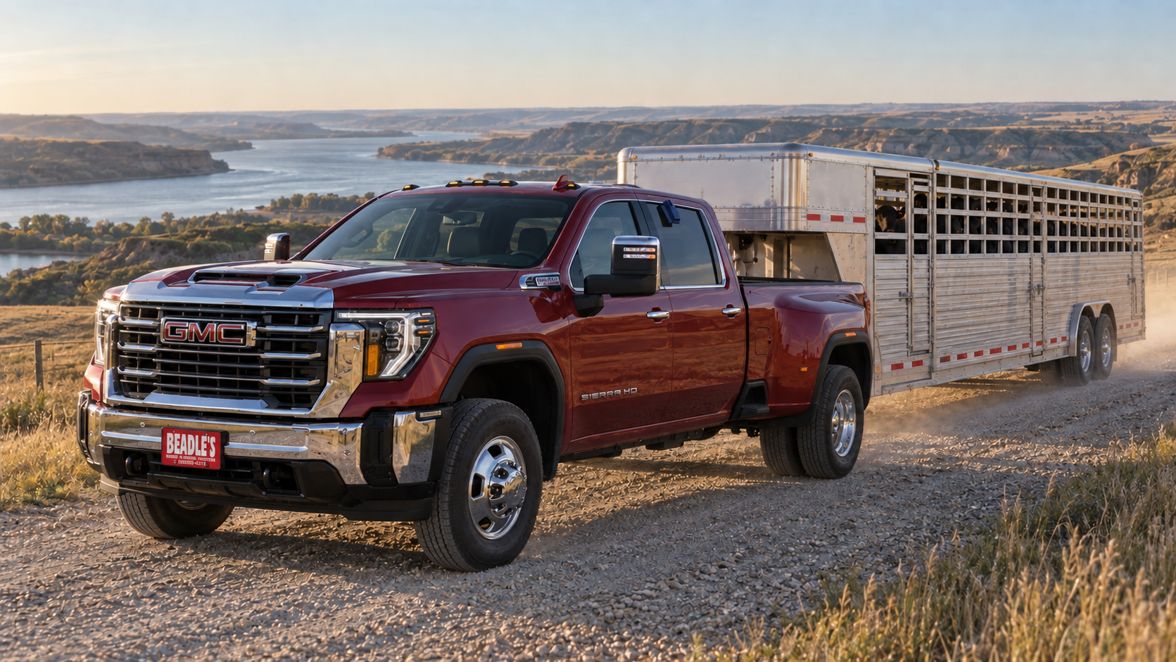 2026 GMC Sierra 3500 HD SLT dually pulling a gooseneck stock trailer near Mobridge, South Dakota
