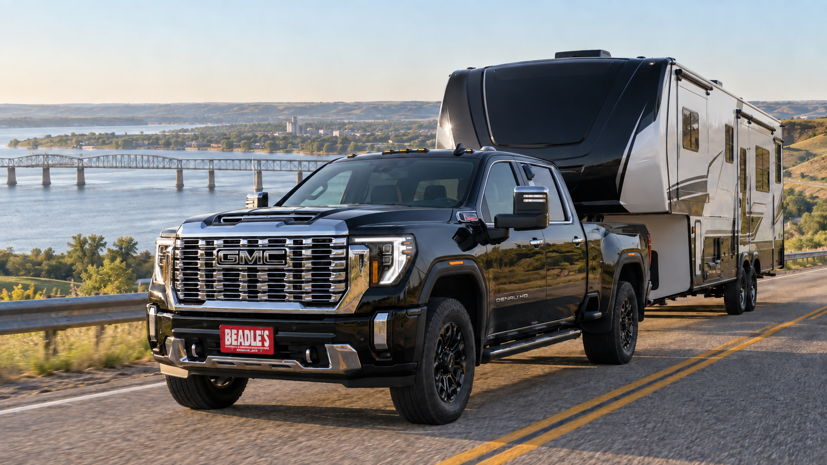 2026 GMC Sierra 3500 HD Denali towing a fifth-wheel on US 12 near Mobridge, South Dakota