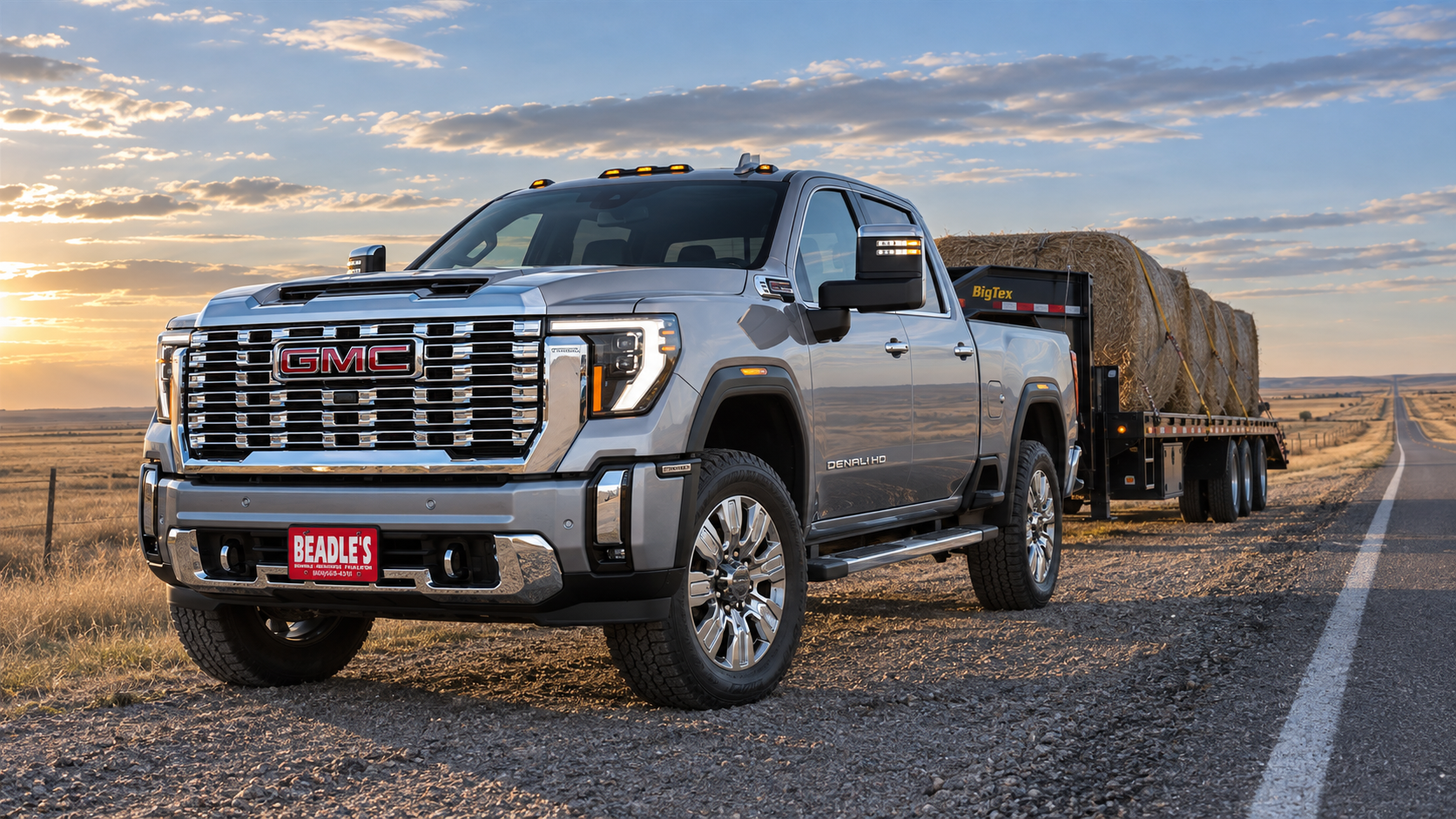 2027 GMC Sierra 2500 HD Denali towing a gooseneck hay trailer on a South Dakota highway near Mobridge