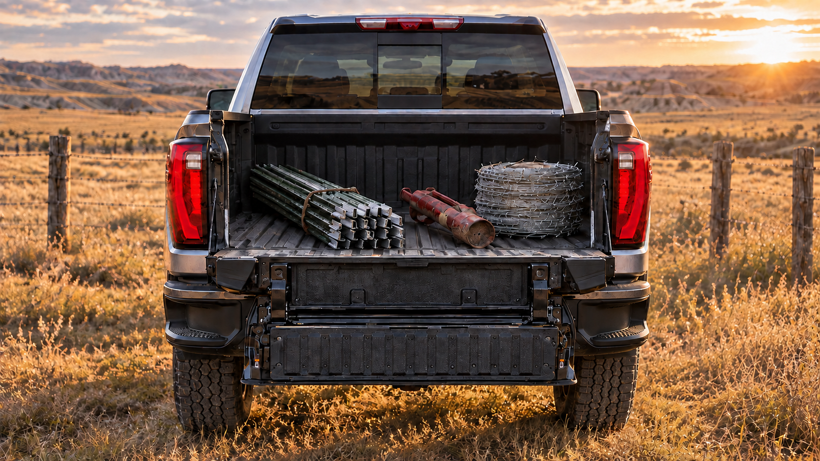 2026 GMC Sierra 2500 HD SLT MultiPro tailgate step loaded with fencing supplies near Mobridge, South Dakota