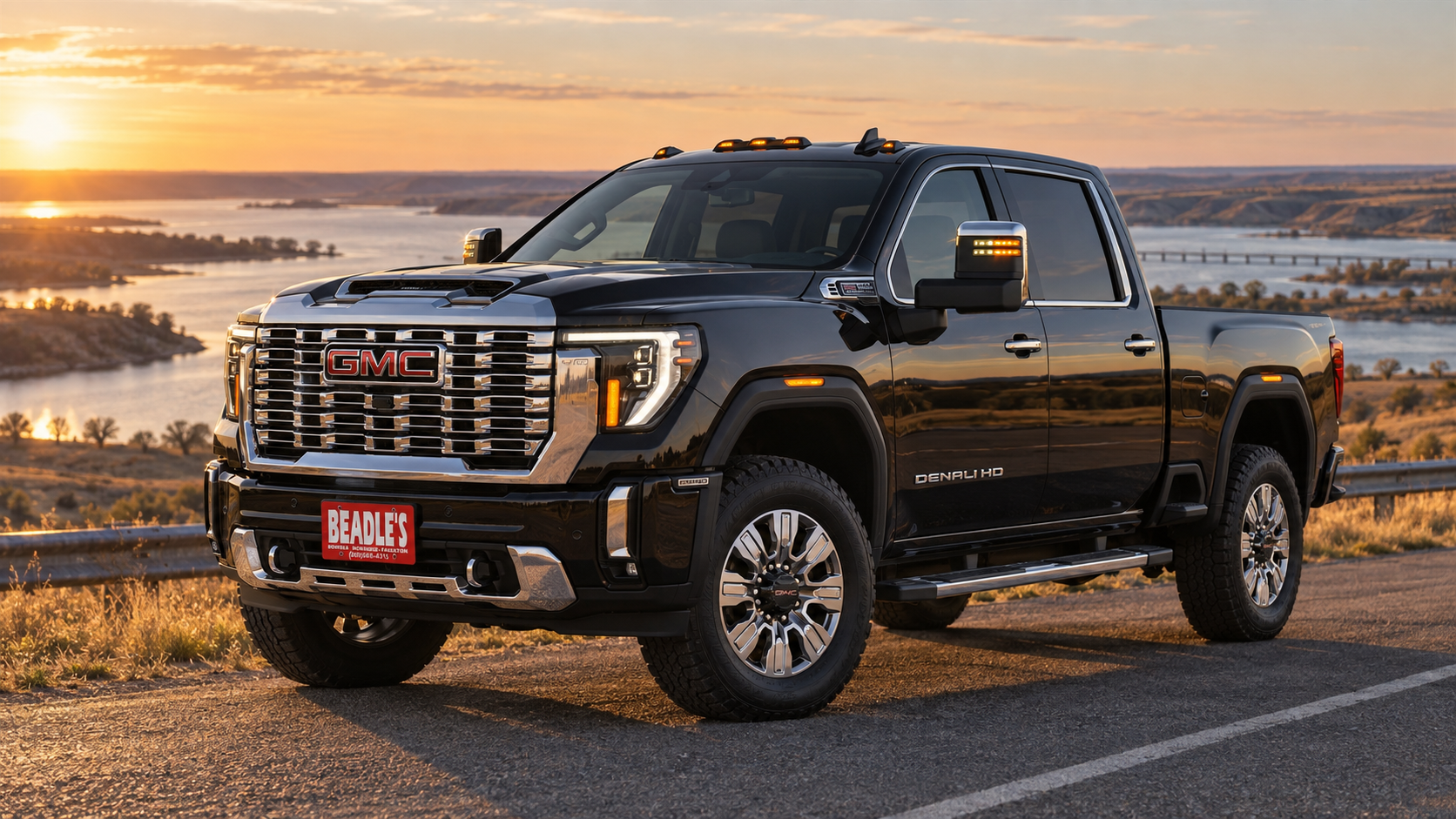 2026 GMC Sierra 2500 HD Denali in Onyx Black above the Missouri River at Mobridge, South Dakota