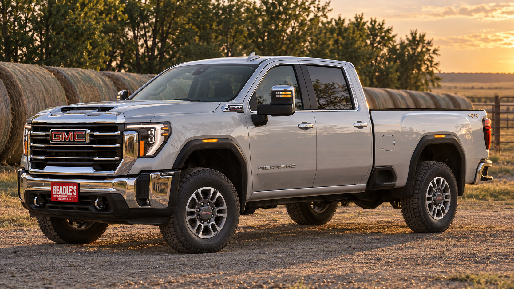 2026 GMC Sierra 2500 HD SLT long bed in Sterling Metallic at a ranch yard near Mobridge, South Dakota