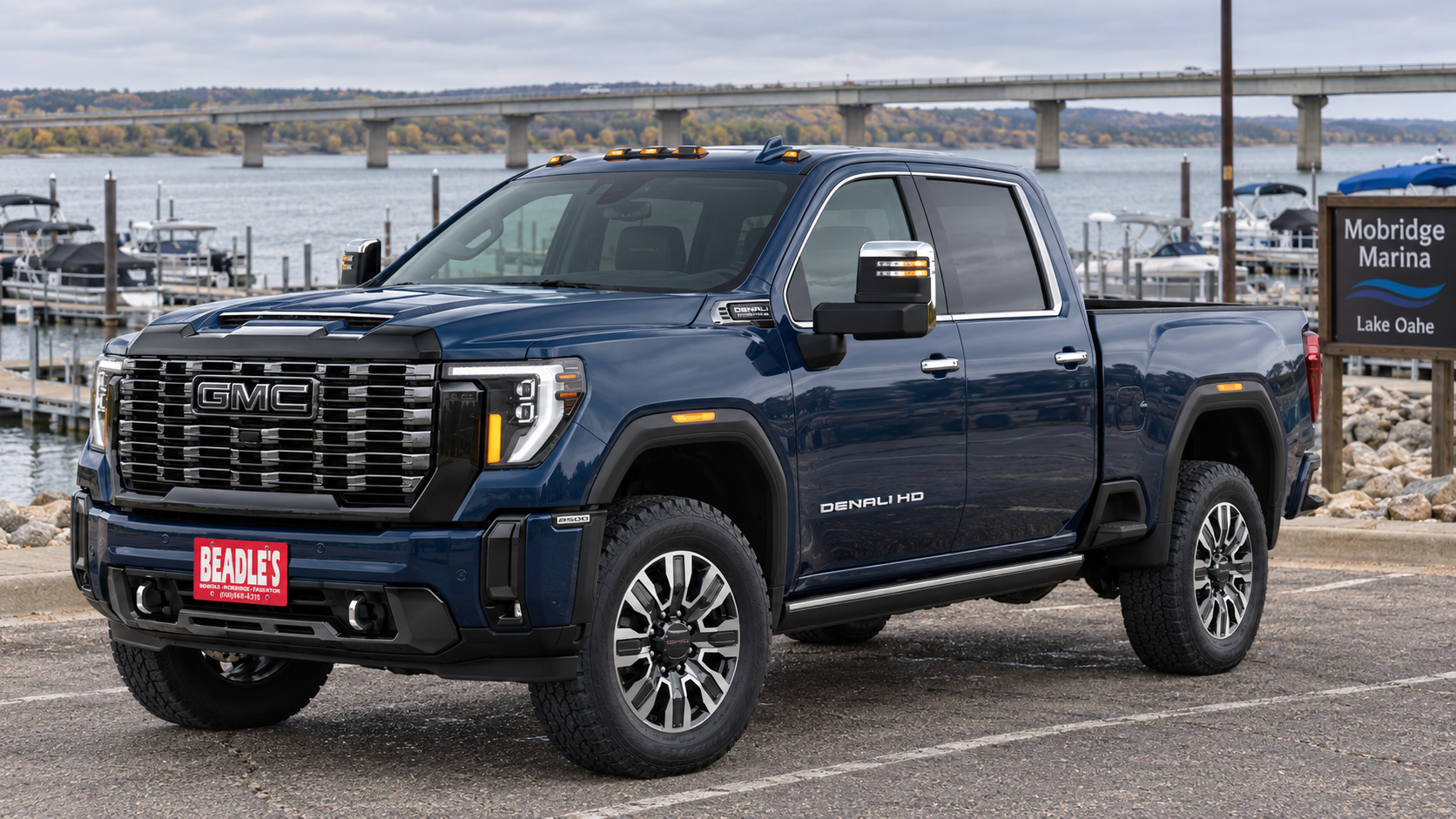 Downpour Metallic 2027 GMC Sierra 2500 HD Denali Ultimate parked at the Mobridge Marina on Lake Oahe near Mobridge, South Dakota