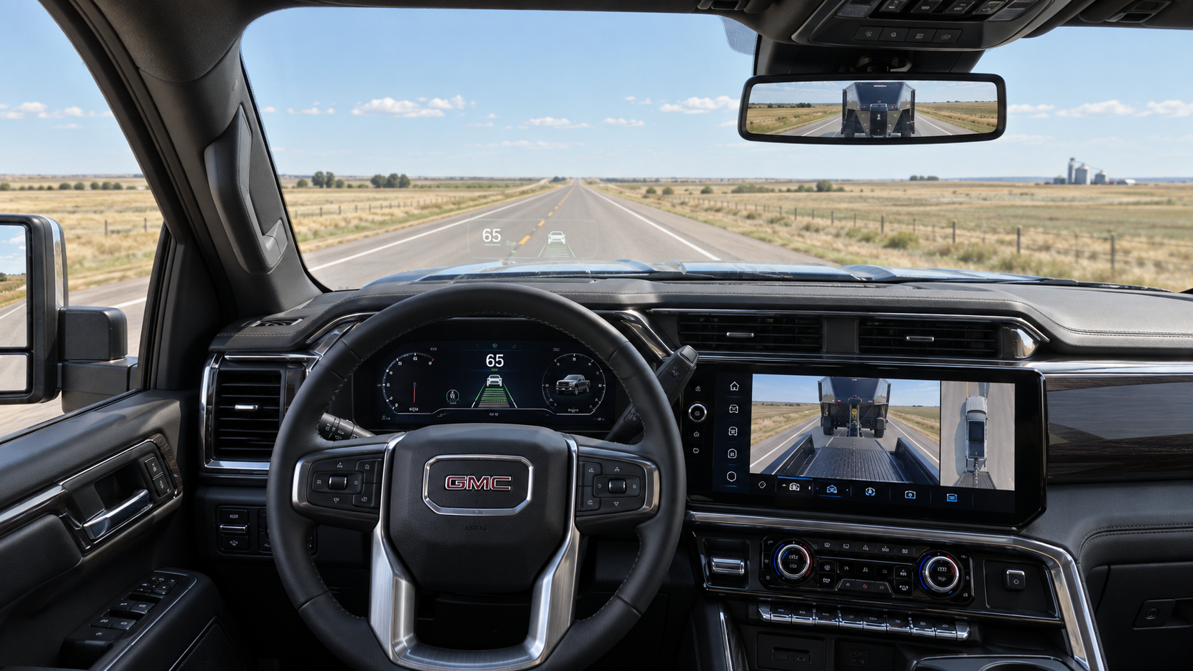 2027 GMC Sierra 2500 HD SLT cabin showing the 15-inch head-up display and Rear Camera Mirror from the Technology Package, at Beadle Chevrolet GMC in Mobridge