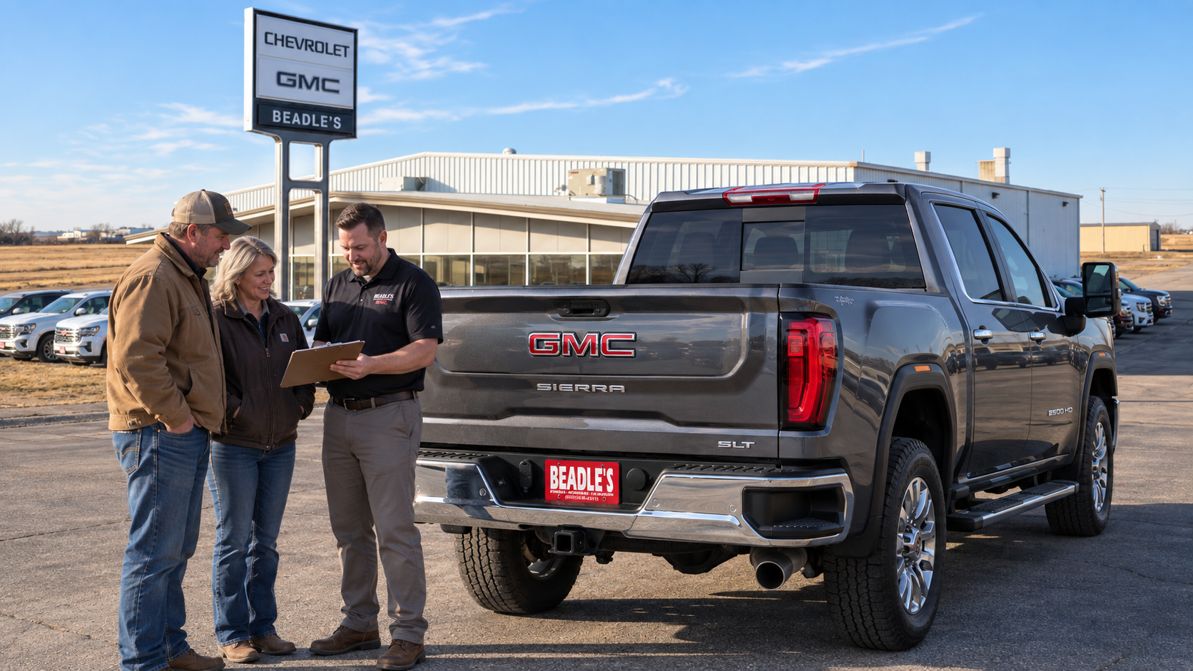 Ranch couple comparing a 2026 GMC Sierra 2500 HD on the lot with a 2027 order at Beadle Chevrolet GMC in Mobridge