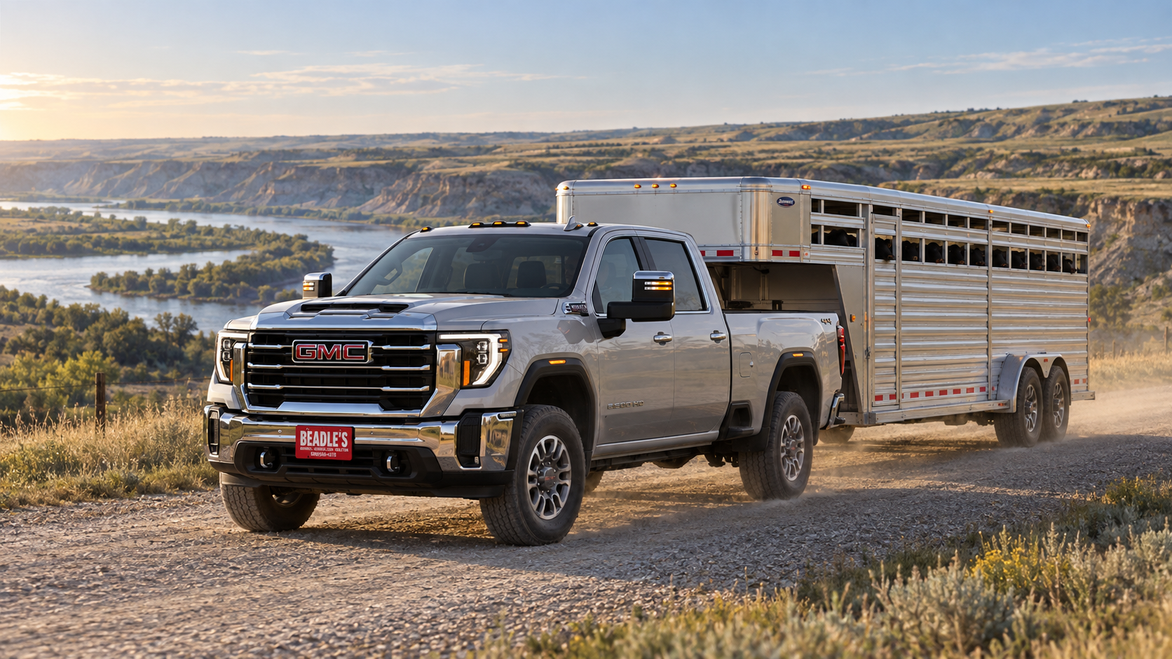 2026 GMC Sierra 2500 HD SLT pulling a gooseneck stock trailer near Mobridge, South Dakota