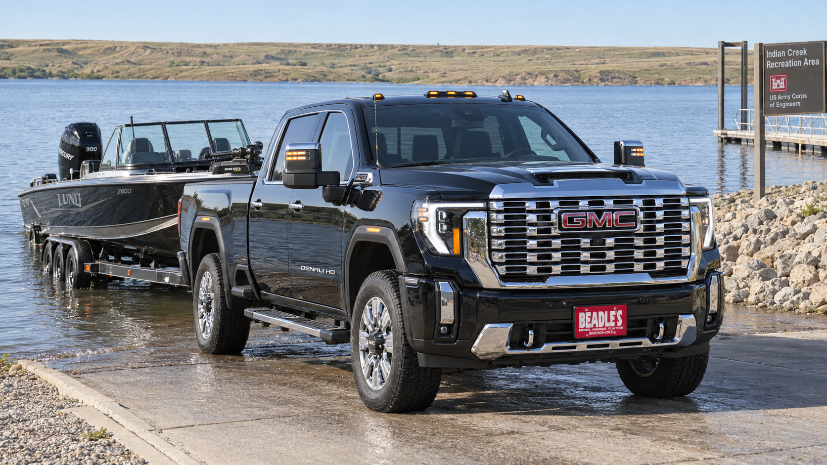 2026 GMC Sierra 2500 HD Denali backing a boat trailer into Lake Oahe at Indian Creek near Mobridge, South Dakota