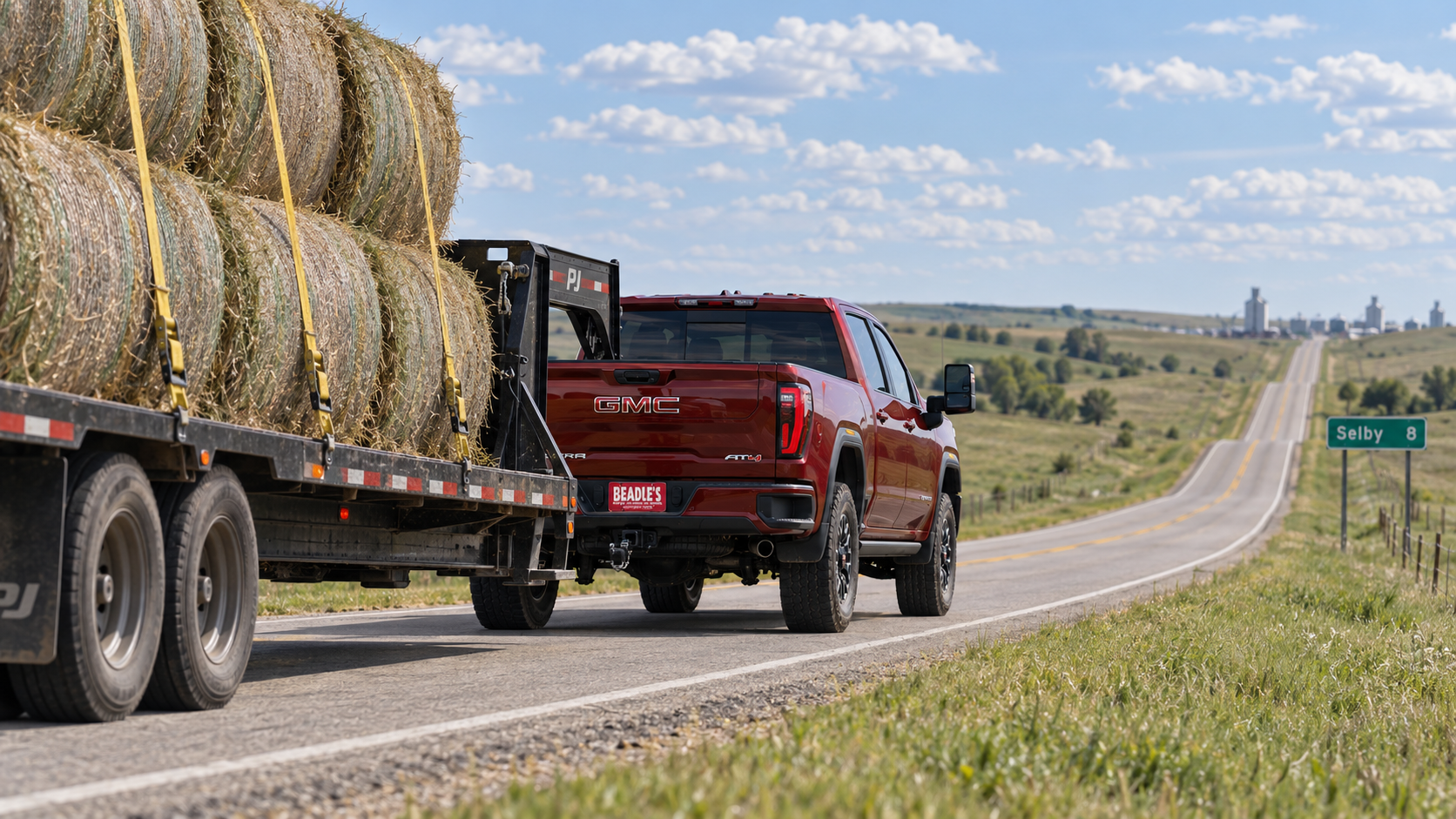 2026 GMC Sierra 2500 HD AT4 hauling round bales on a gooseneck flatbed near Selby, South Dakota