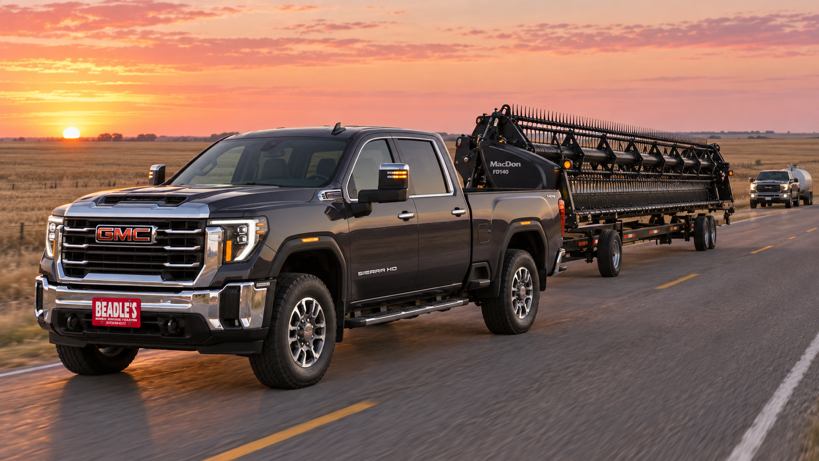 2026 GMC Sierra 2500 HD SLT pulling a combine header trailer at dawn in South Dakota