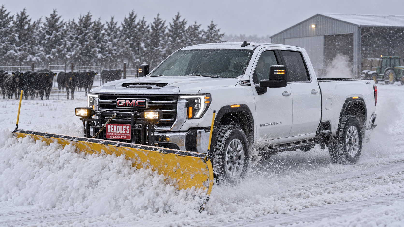 2026 GMC Sierra 2500 HD SLE with a snow plow clearing a ranch yard near Mobridge, South Dakota
