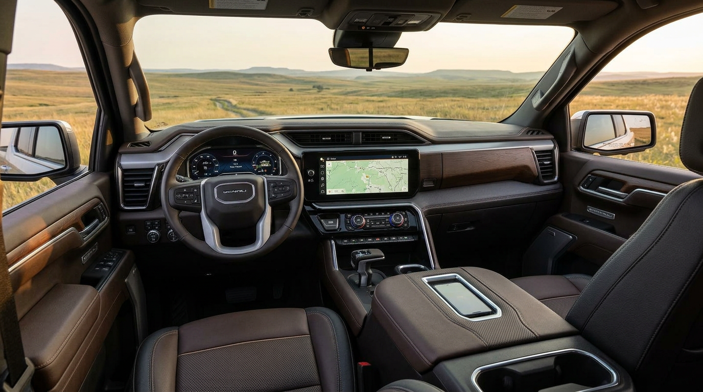 2026 GMC Sierra 1500 Denali interior showing 13.4-inch infotainment screen and premium dashboard