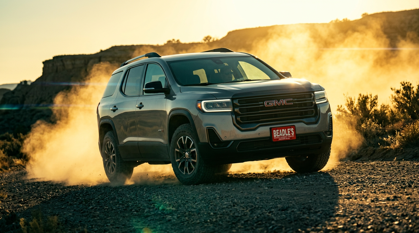 2026 GMC Acadia AT4 off-road on a dusty South Dakota ranch road near Mobridge