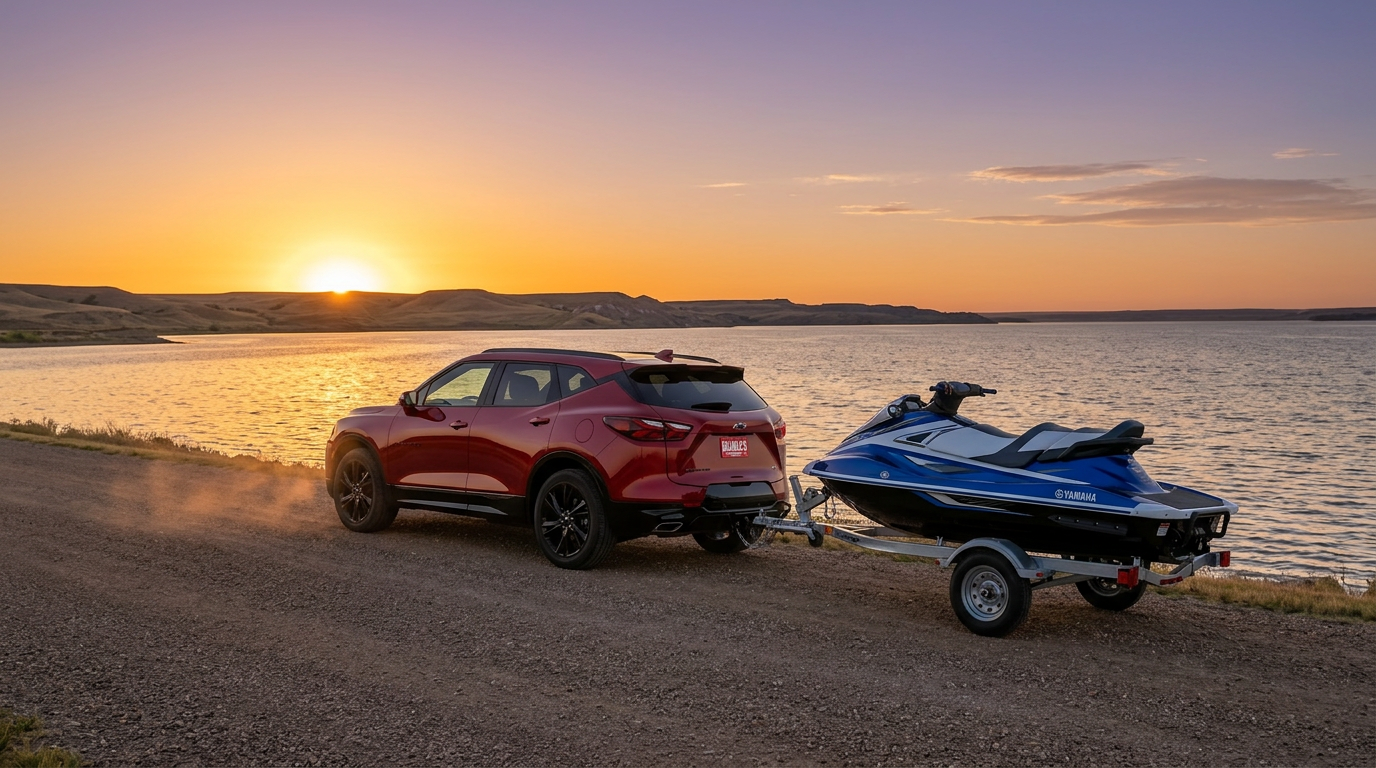 2026 Blazer with boat trailer at Lake Oahe boat launch, South Dakota