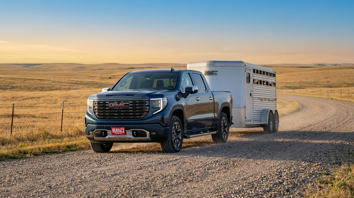 2026 GMC Sierra 1500 towing a livestock trailer on a South Dakota gravel road