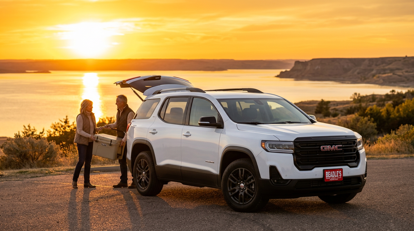 2026 GMC Acadia Elevation in Summit White loaded for a Lake Oahe family trip near Mobridge, South Dakota