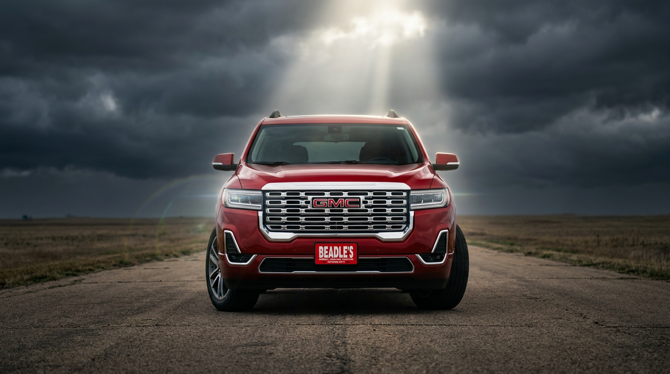 2026 GMC Acadia Denali in Volcanic Red Tintcoat on the South Dakota prairie near Mobridge