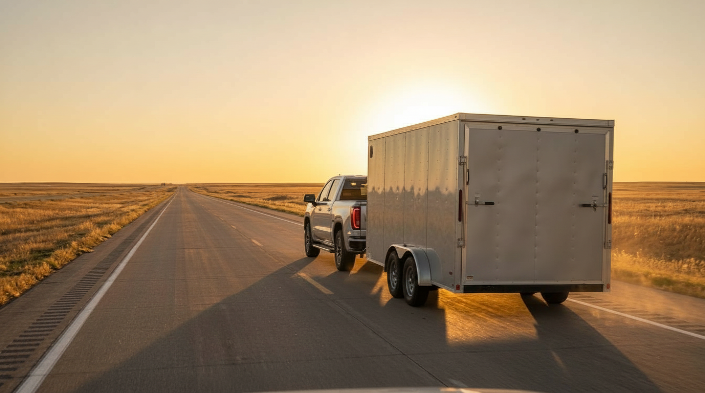 2026 GMC Sierra 1500 towing a trailer through western South Dakota — Beadle Chevrolet Mobridge